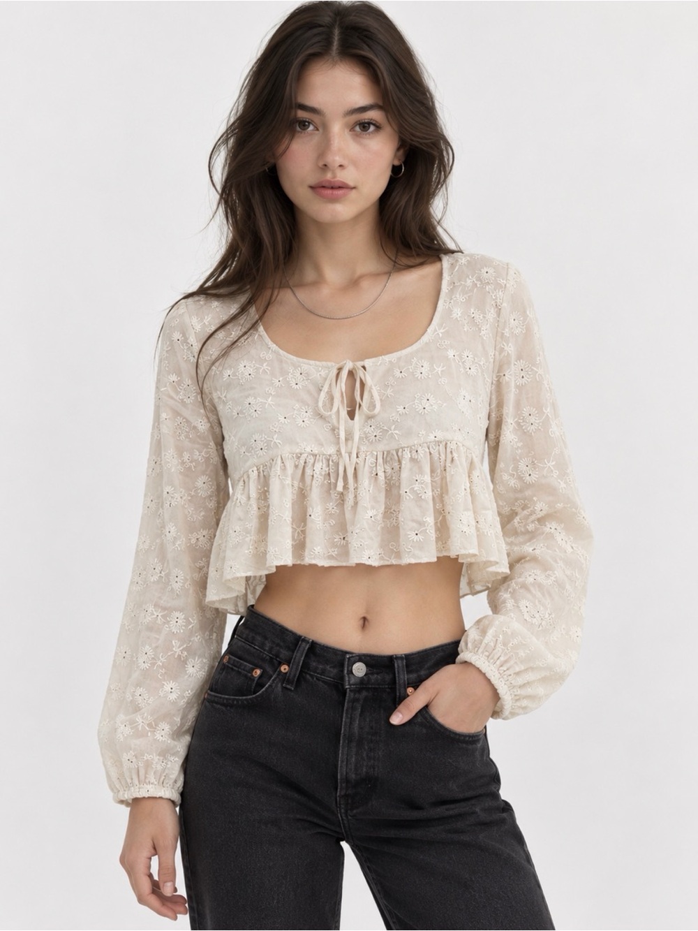 Urban Outfitters Ivory Embroidered Ruffle Crop Top Floral Tie Front Boho XS/S